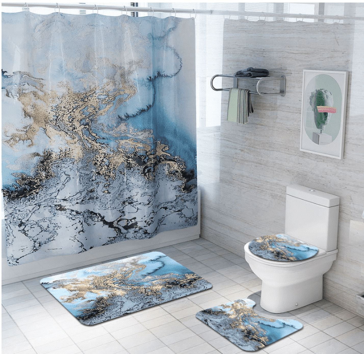 4-Piece Shower Curtain Set with Rugs, Toilet Lid Cover Bath Mat, Shower  Curtain with 12 Hooks, Durable Waterproof Fabric Shower Curtain for  Bathroom 