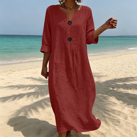 Wovilon Women's V-Neck Button Front Midi Dress with 3/4 Rolled Sleeves and Relaxed Fit, Cotton Linen Blend Casual Loose Shift Dress for Summer Vacation