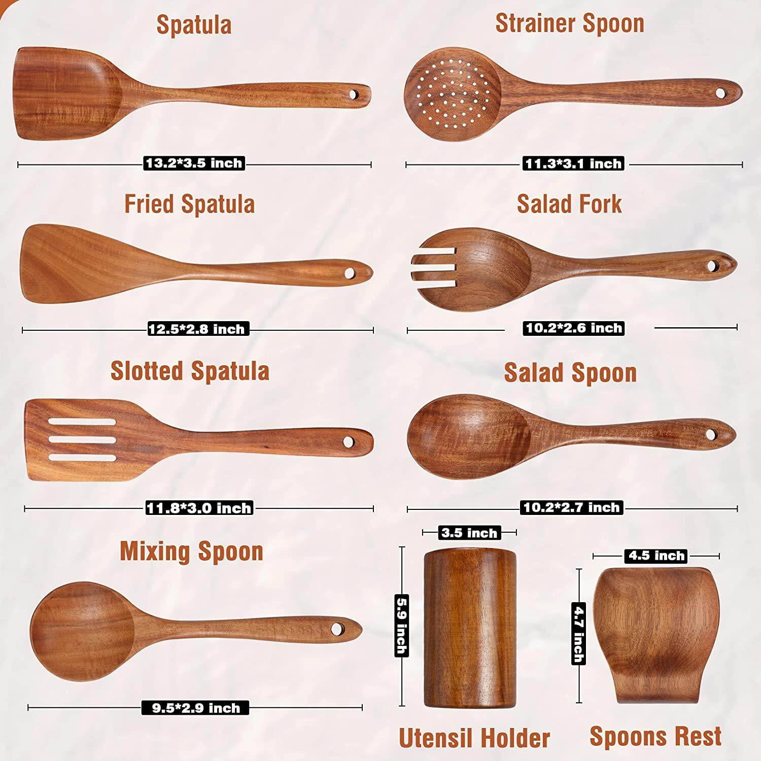 VUOHOEG Wooden Spoons for Cooking with Wide Utensil Heads, 9 PCS Teak Wooden Utensils Set