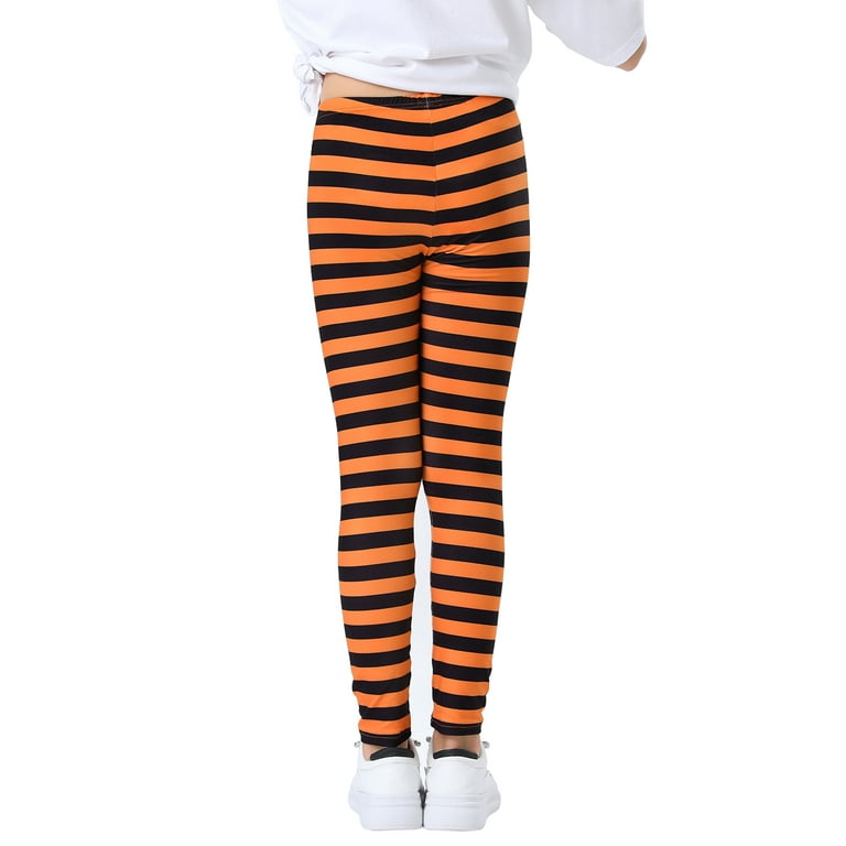 HDE Girl s Leggings Holiday Stretchy Full Ankle Length Stripe and Black Tights Orange and Black Stripes 7 8