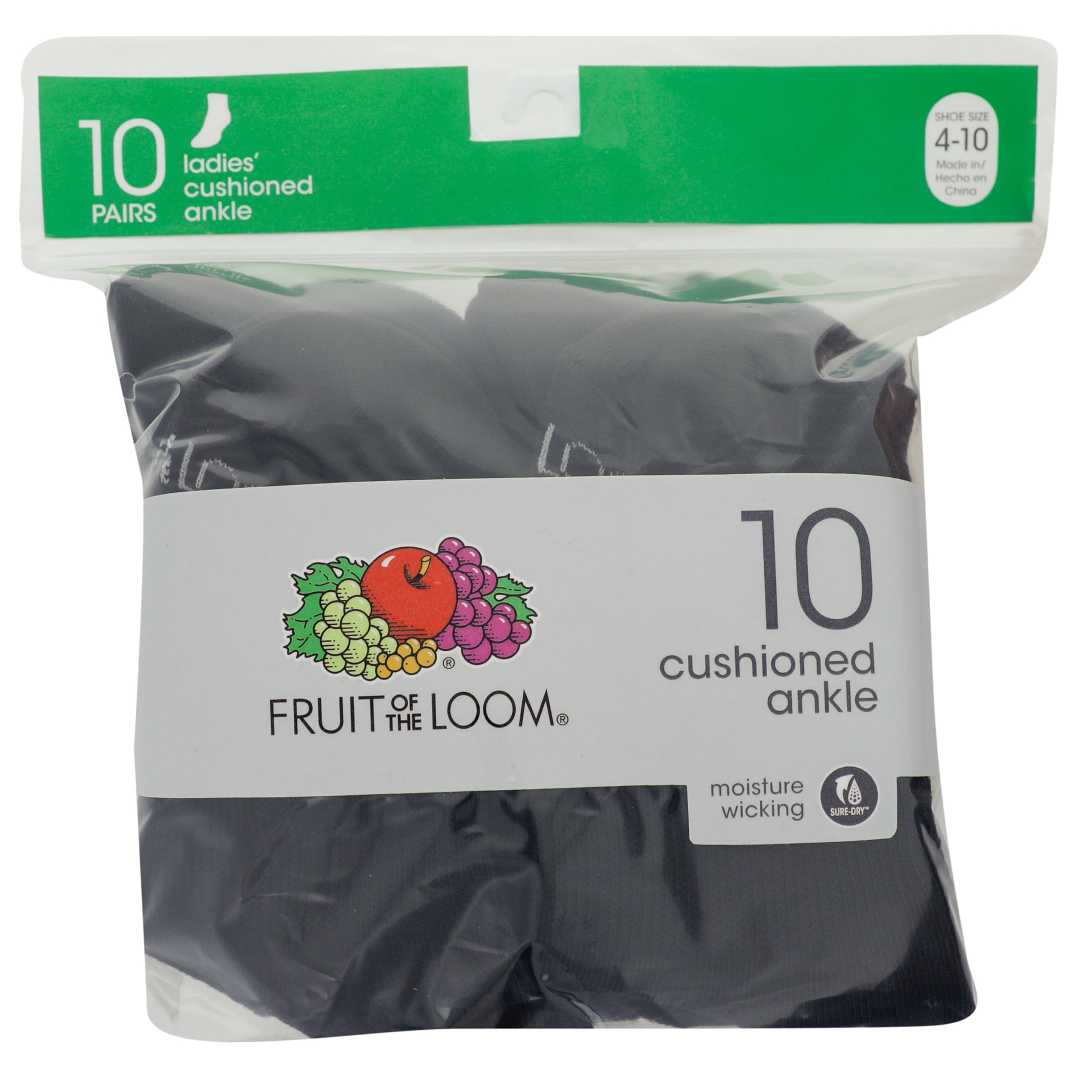 Fruit of the Loom Cushion Ankle Sport Socks for Women, Black, Sizes 4-10 (10-Pack)