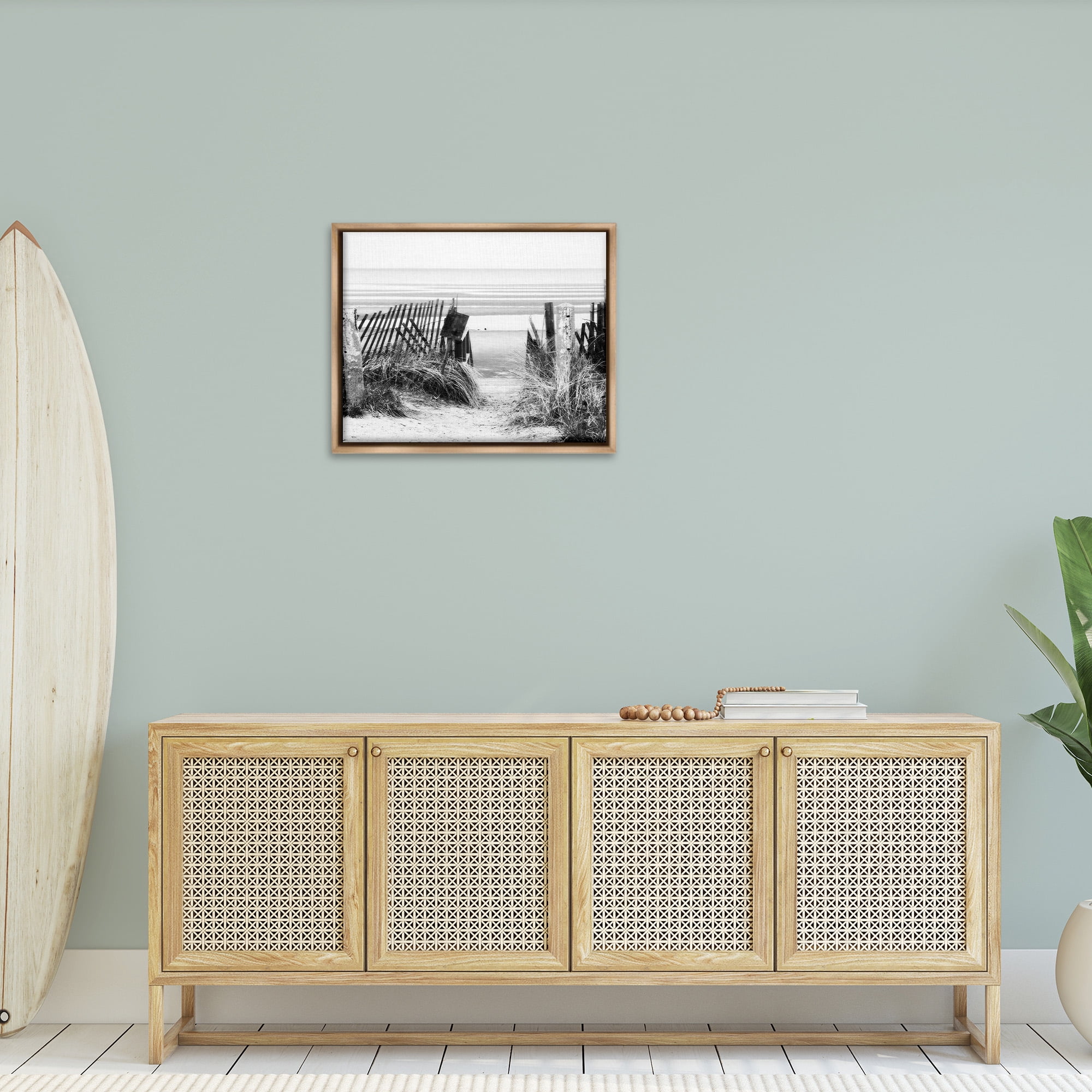 Stupell Industries Fenced Beach Path Landscape Photography Brown Floater Framed Canvas Art Print Wall Art, 31 x 25