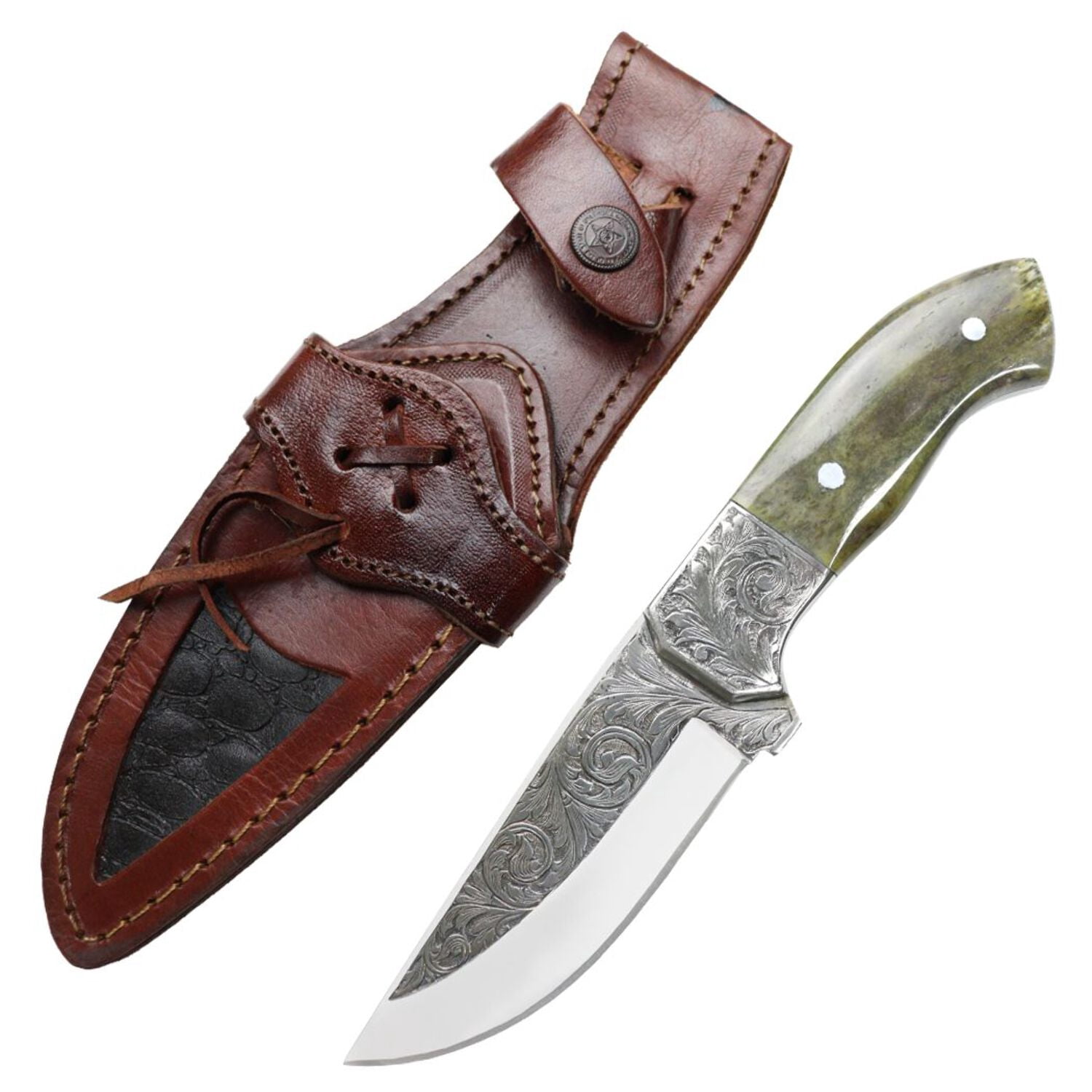 TheBoneEdge 10" Hand Made Engraved Blade Green  Brown Wood Handle Tracker Hunting knife With Sheath