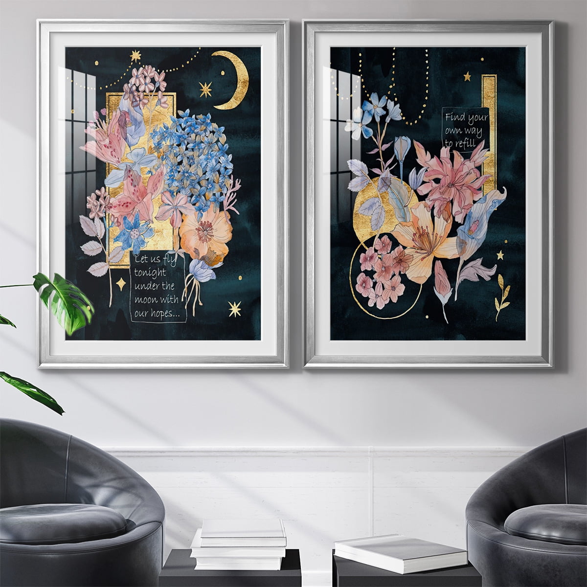 Wexford Home Moonlight Flowers I Premium Framed Print, 22.5" x 30.5" - Ready to Hang, Silver (Set of 2)