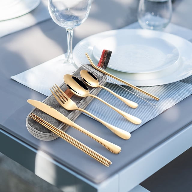 New UPGRADE TRAVEL UTENSILS SET,Knife, Fork, Spoon, Chopsticks, Straw
