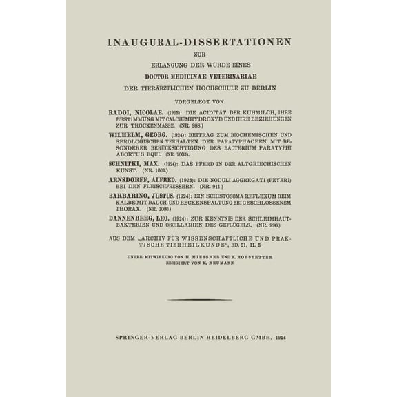 Inaugural-Dissertationen Zur Erlangung Der WÃ¼rde Eines Doctor Medicinae Veterinariae Der TierÃ¤rztlichen Hochschule Zu Be, (Paperback)