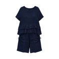 thumbnail image 4 of Womens Linen Two Piece Sets Ruffle Short Sleeve Blouse and Drawstring Pocket Shorts Casual Summer Outfits for Women Navy XXL(XXL), 4 of 6
