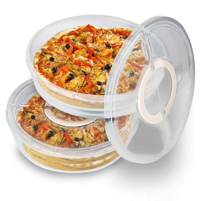 Paquete de 2 contenedores de almacenamiento de alimentos con tapa y asa, reutilizables de 2 compartimentos para almacenar rebanadas de pizza, portador redondo transparente para tartas