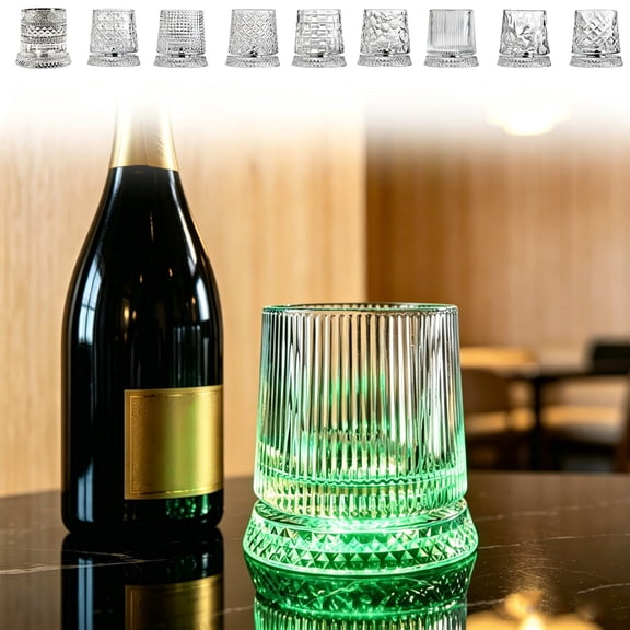 Spinning Whiskey Glass with Ambient Lighting Set, 360 Degree Rotating Crystal Ribbed Spinning Cocktail Glass with 4 Color Lighting, Cool Drinking & Bourbon Scotch Bar Accessories