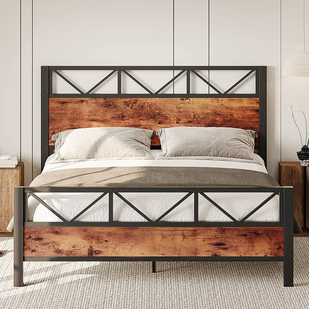LIKIMIO Queen Bed Frame, Tall Industrial Headboard 51.2", Platform Bed