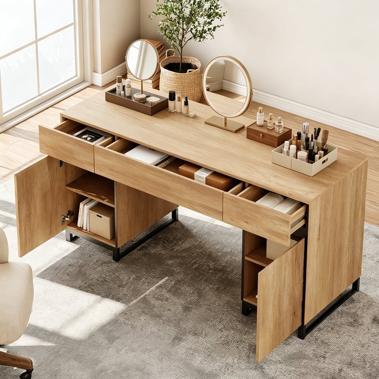 modern oak dressing table solid wood dresser Modern minimalist atmosphere with lights on the shelf dressing table bedroom oak storage table 37.6x17.7x29.5 inch / 95.6x45x75 cm
