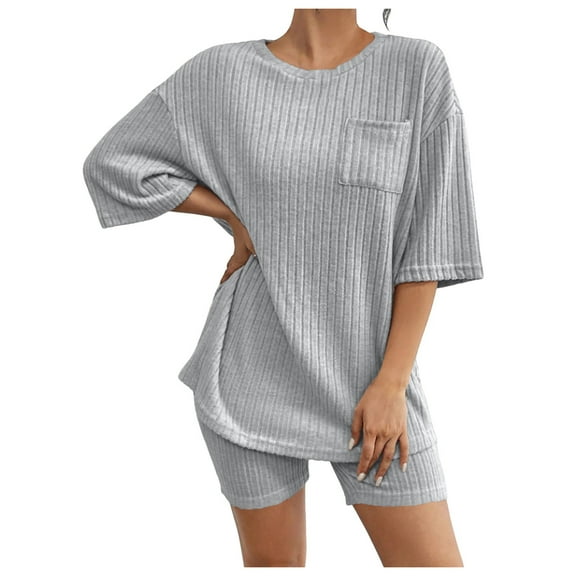 felwors Women 2 Piece Outfits Dressy Pajamas Lounge Set Ribbed Knit for Women Matching Tshirt Shorts Outfits Grey, XL