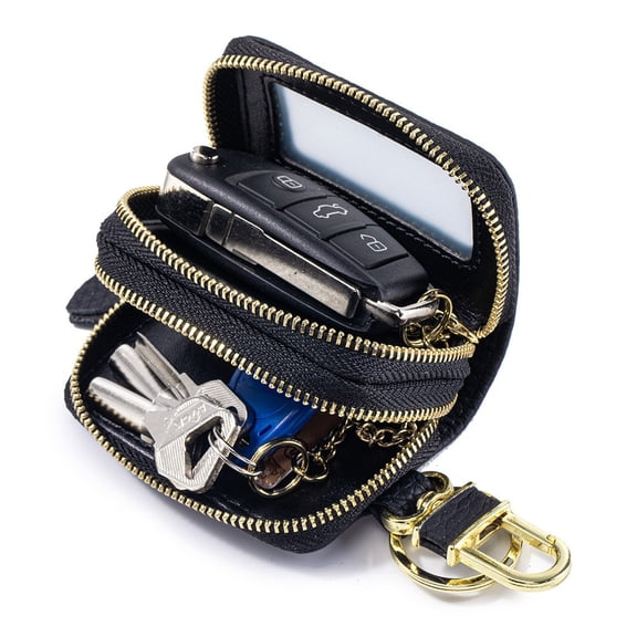 Lantuu Genuine Leather Double-Zipper Key Pouch, Transparent Car Key Holder, Waist-Wearable Universal Portable Key Pouch