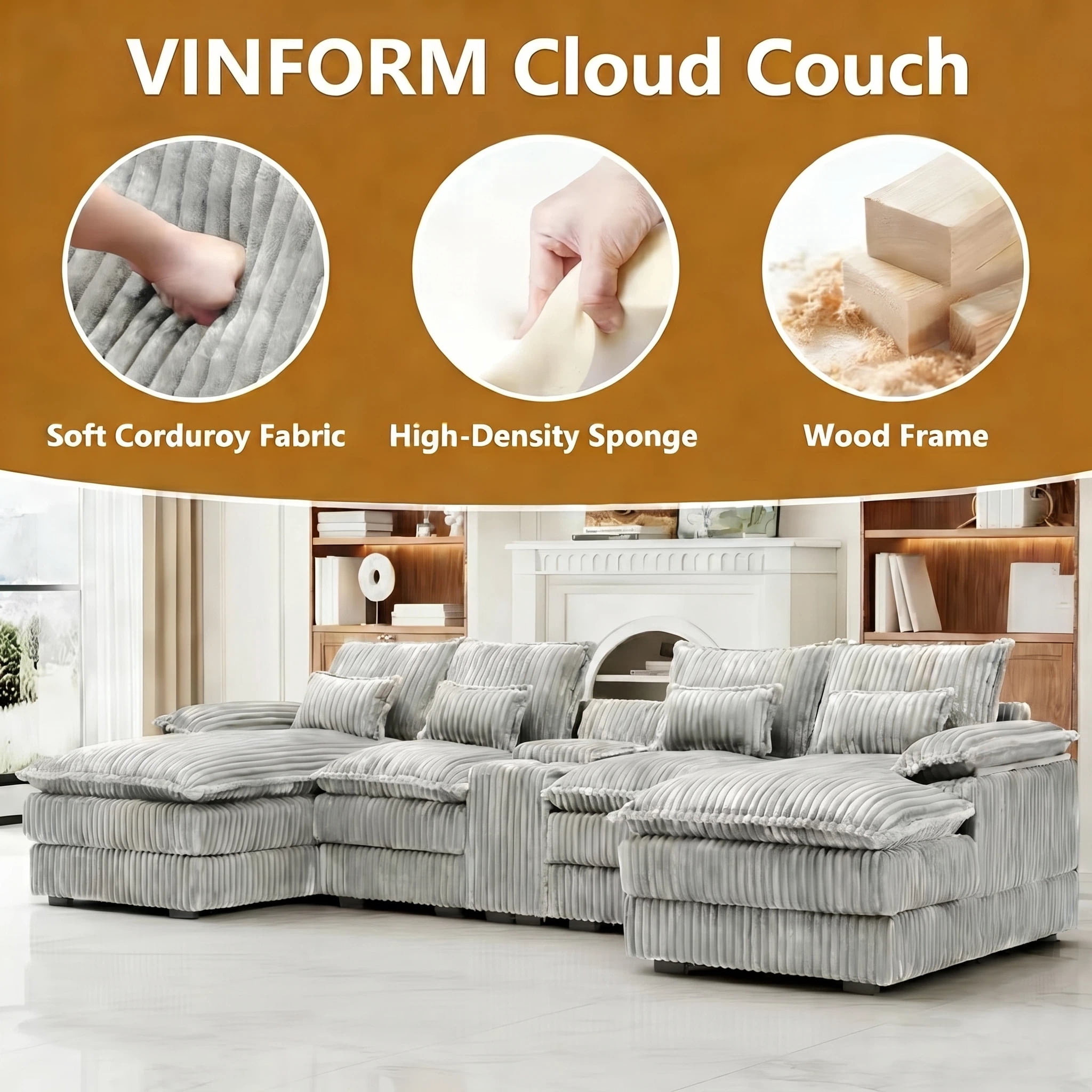 Vinform 124" U Shaped Cloud Couch Sectional with USB Charging, Hidden Storage, Cup Holders & Chenille Double Chaise, Light Grey