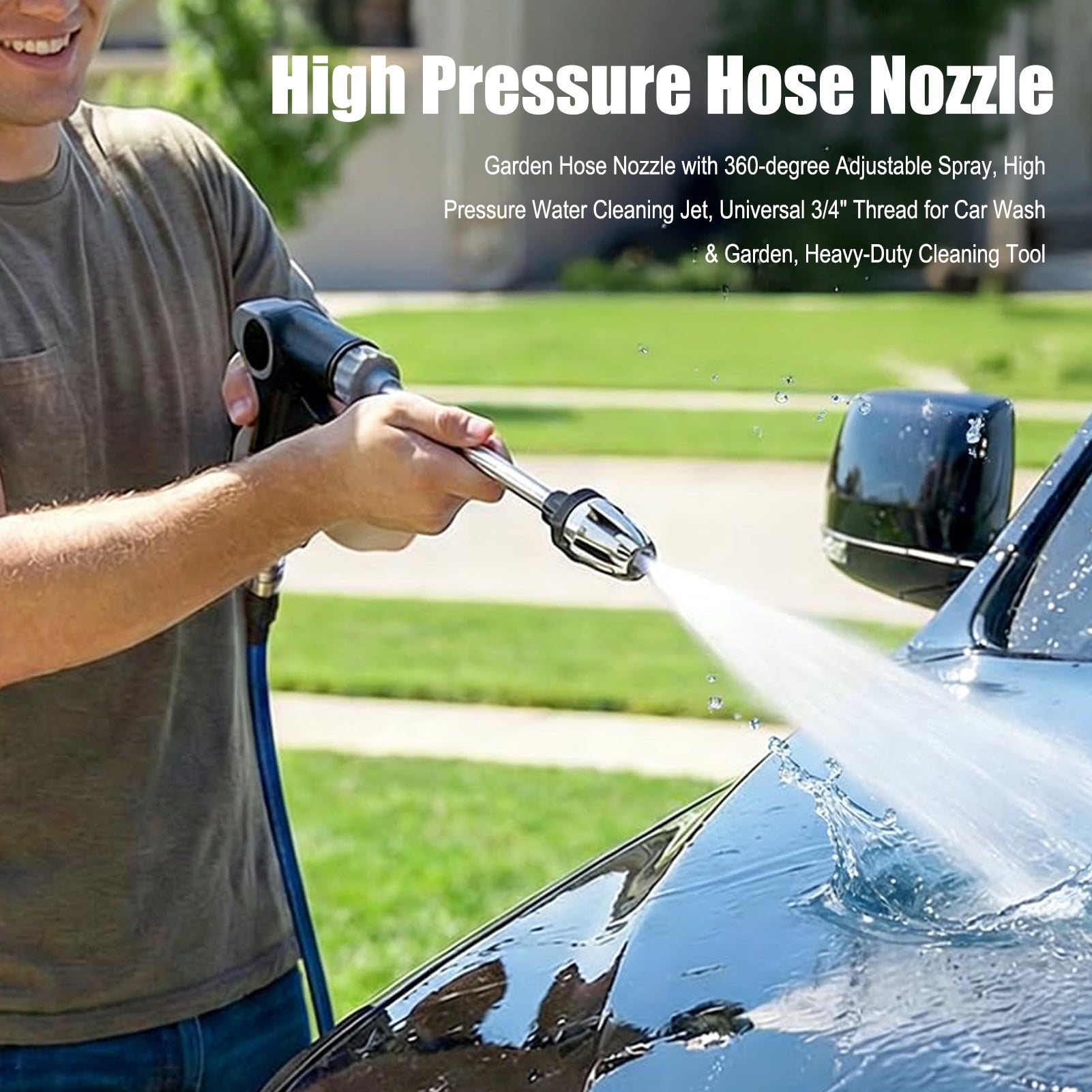 Garden Hose Nozzle with 360-degree Adjustable Spray, High Pressure Water Cleaning Jet, Universal 3/4" Thread for Car Wash & Garden, Heavy-Duty Cleaning Tool