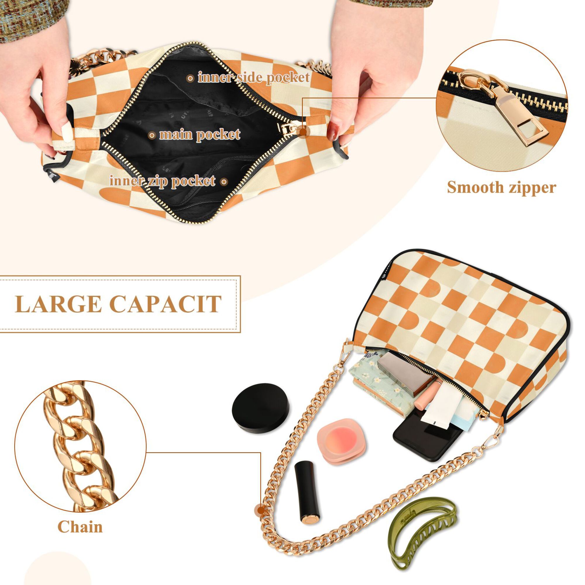 FORMRS Womens Shoulder Bag with Chain Strap Clutch Purse Cute Tote Handbag, Orange Checkered Pattern