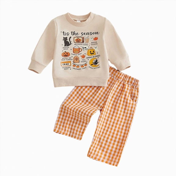 mgoYE Toddler Baby Girl Halloween Outfit Pumpkin Tis The Season Embroidery Long Sleeve Sweatshirt and Plaid Pants Set(Orange,12-18 Months )