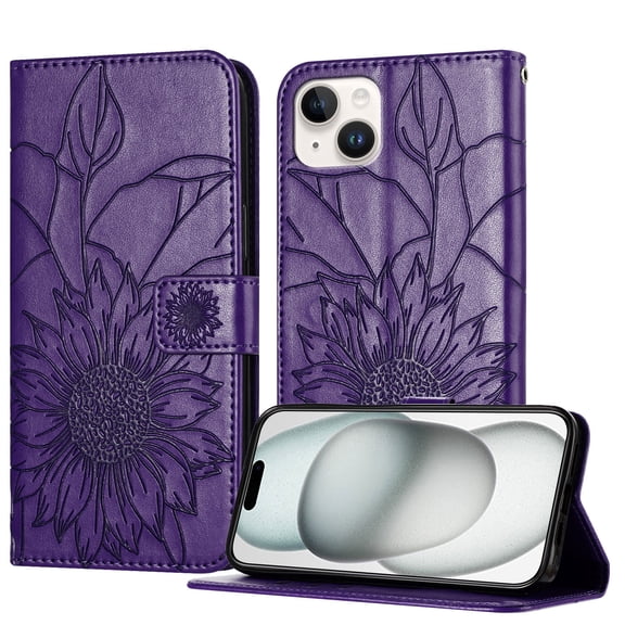 Designed For iPhone 15 Flip Phone Case,Flip Folio Cover with Credit Card Holders Emboss Sunflower PU Leather Purse Kickstand Shockproof A nti-fall Ultra Slim Phone Case,Darkpurple