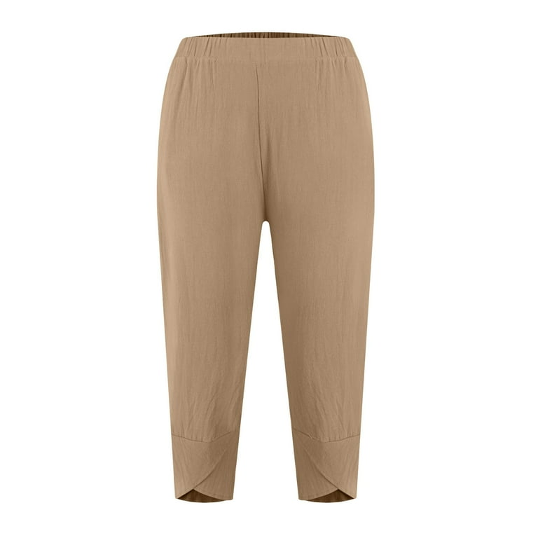 Difdany Cotton Linen Pants for Women Printed Capri Pants Plus Size Wide Leg Sweatpants Summer Cropped Elastic Waist Trousers Khaki XL Walmart