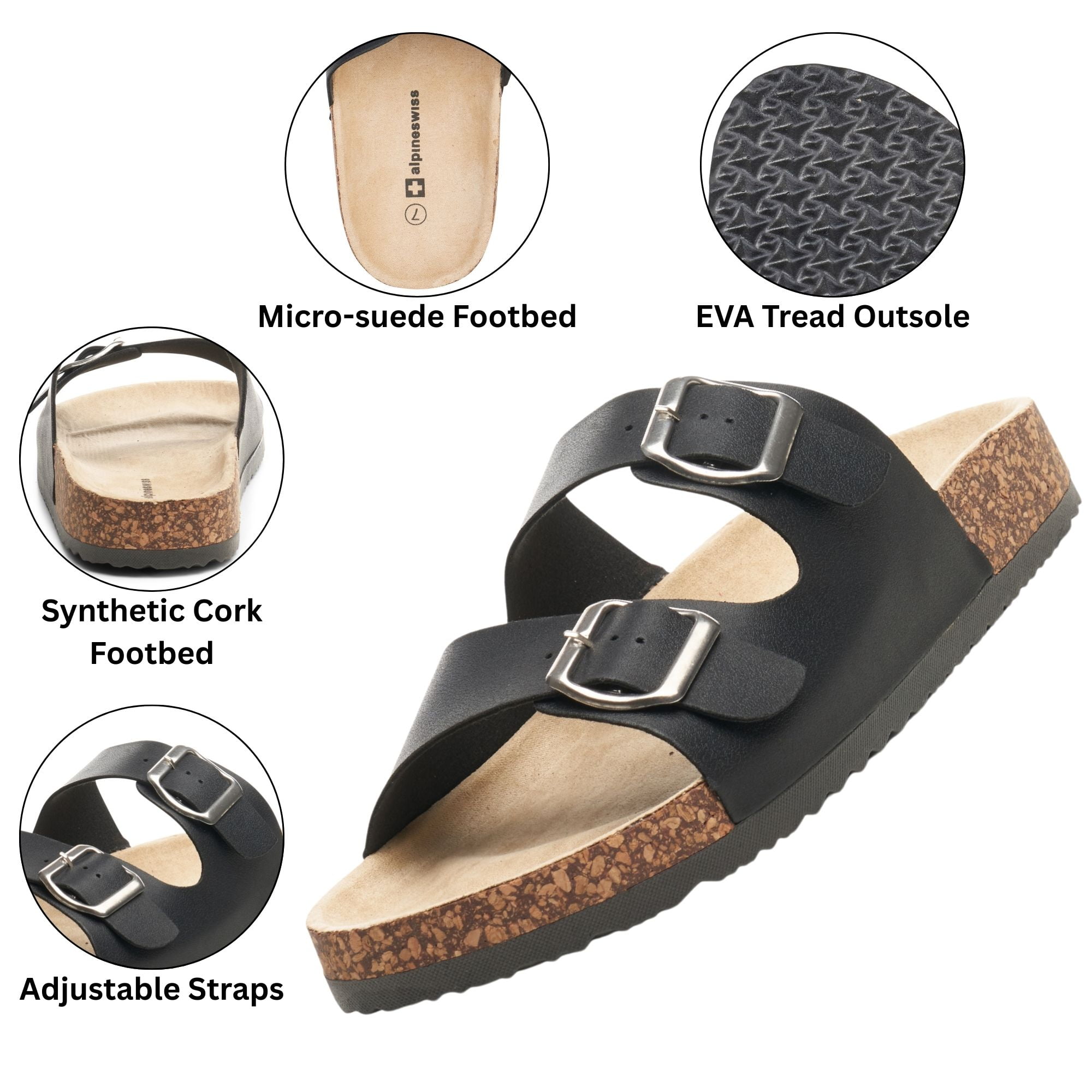 Womens Double Strap Contour Sandals Slip on Buckle Slides Vegan Leather Footbed Sandal Ergonomic Cork-Inspired Sole Summer Footwear