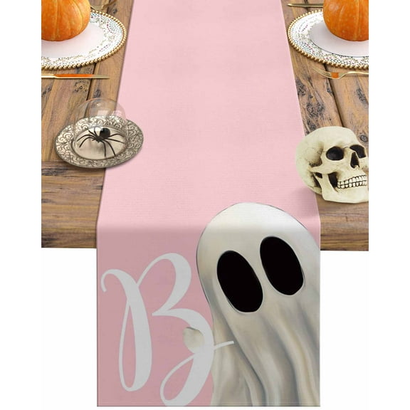 Table Runner Dresser Scarves 60 Inch Long,Halloween Watercolor White Ghost Linen Dining Table Runners Abstract Boo on Pink Tabletop Scarf for Wedding Holiday Party Kitchen