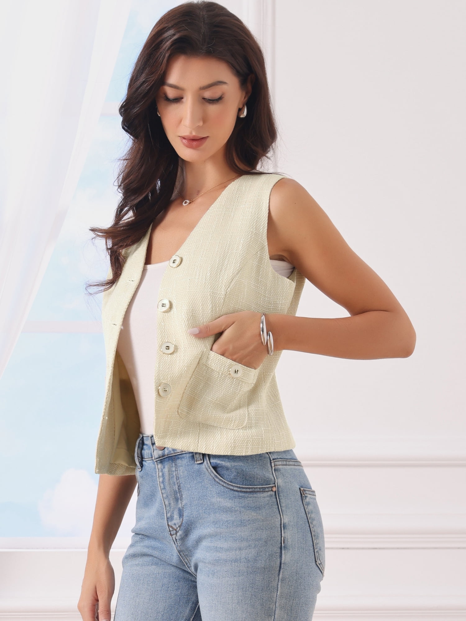 DARING DIVA Women's Tweed V Neck Sleeveless Button Down Waistcoat XS Beige