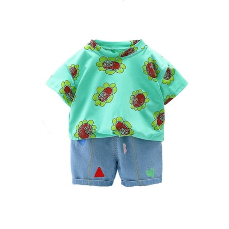 

Toddler Summer Boys Girls Suit Sunflower Flower Printed Short Sleeve T-Shirt Denim Shorts 2pc Outfits Sets Baby Fashion Dailywear Child Clothing