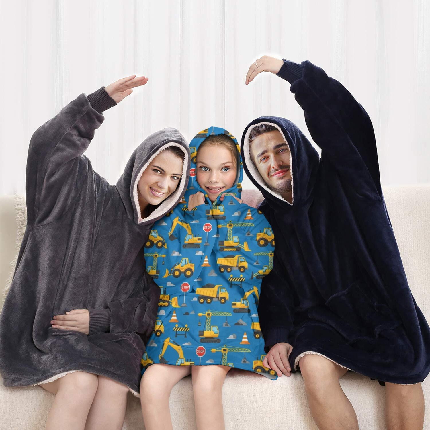 Cartoon Construction Vehicles Barriers Blue Pattern Blanket Hoodies for Kids 6-13YR Oversize Wearable Blanket Hoodies for Boys Girls Teens