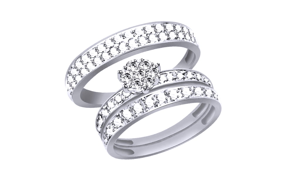 White Natural Diamond Accent Engagement & Wedding s Trio Band Ring Set In  10k White Gold (0.03 Cttw)