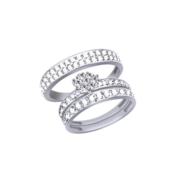 AFFY White Natural Diamond Accent Engagement & Wedding s Trio Band Ring Set In 10k White Gold (0.03 Cttw)