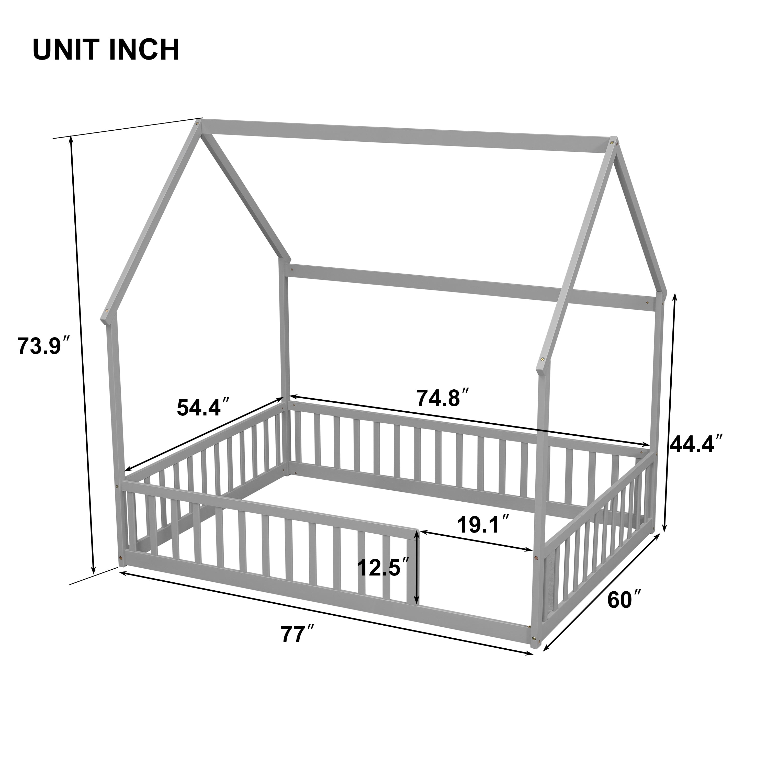 Full Size House Floor Bed with Full Surround Safety Fence, Solid Pine Wood Montessori Kids Playhouse Bed Frame Max 300 LBS No Box Spring Needed for Toddler Bedroom Nursery