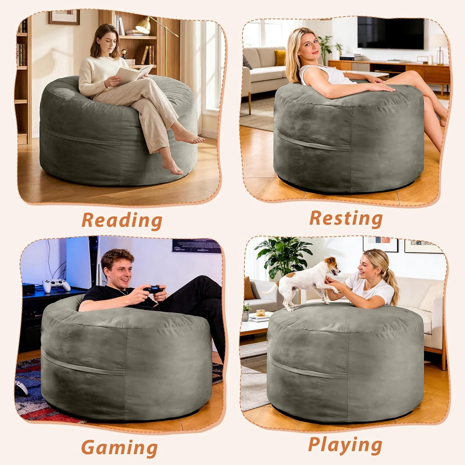 MOOSENG 4FT Bean Bag Chair, Comfy Bean Bag for Adults & Kids, Fluffy Large Bean Bag Sofa with Removable Cover & Side Pocket for Living Room, Gaming, Playroom