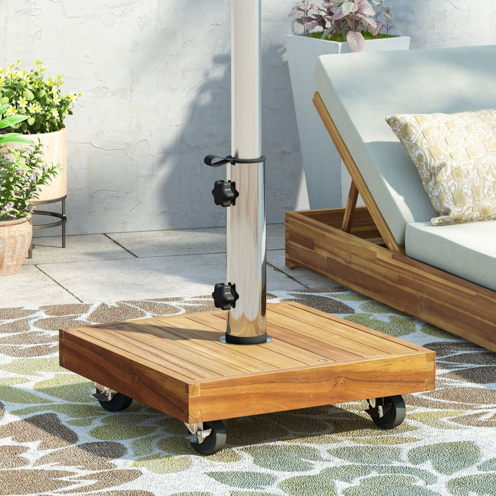 40 lbs Square Teak Finish Umbrella Base with Wheels, Heavy-Duty Patio Umbrella Stand for Outdoor Use