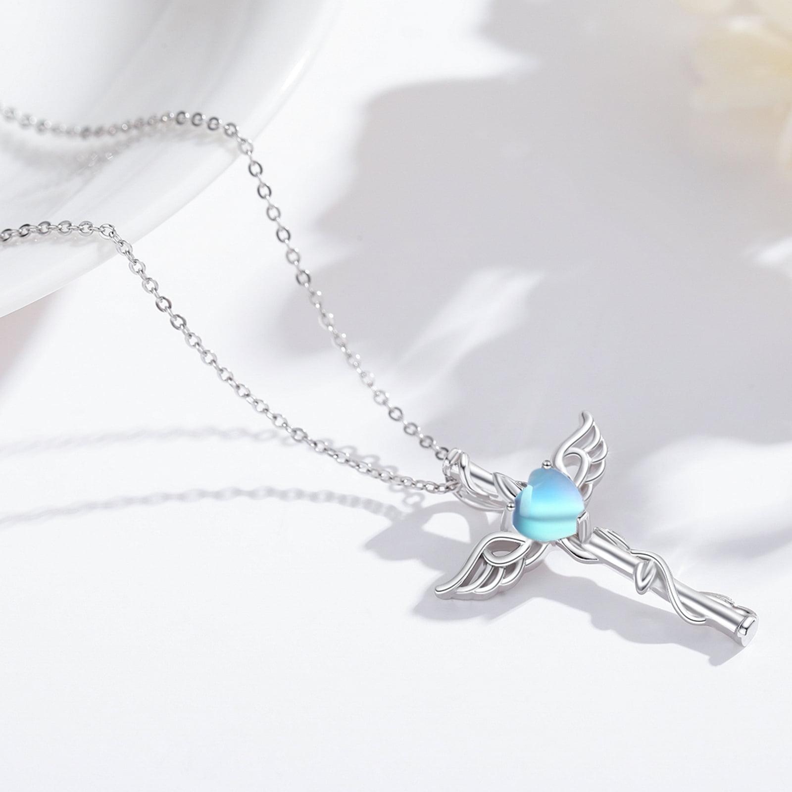 Coachuhhar Angel Wing Cross Necklace 925 Sterling Silver Moonstone Cross Crucifix Pendant Necklace Guardian Angel Wings Necklace Cross Jewelry Gifts for Women