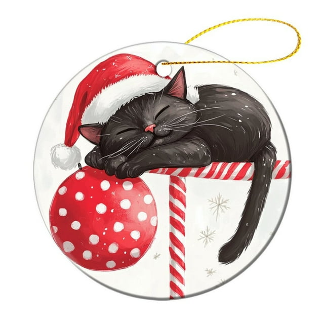 Winter Christmas Bell Black Cat Christmas Ornament Santa Black Cat Ornament Keepsake Ornament for Christmas Tree Xmas Gift Round Porcelain Ornament Personalized Xmas Tree Ornament