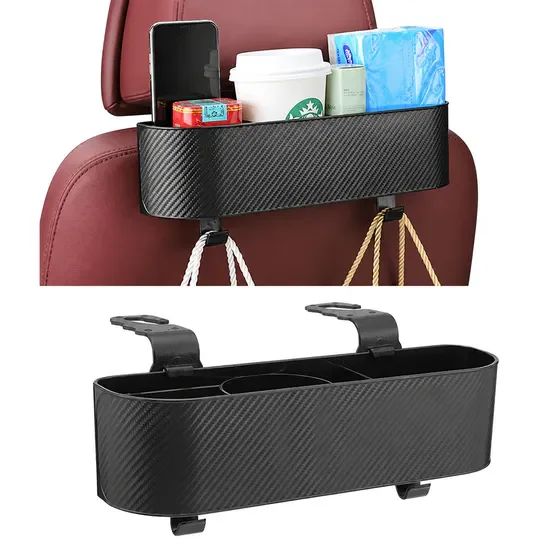 Car Headrest Backseat Organizer with Cup Holder, Seat Back Hanging Storage Box with Hooks, Multi-Functional Drink Pocket Food Snack Phone Tray for Kids, Car Travel Accessories (Black)
