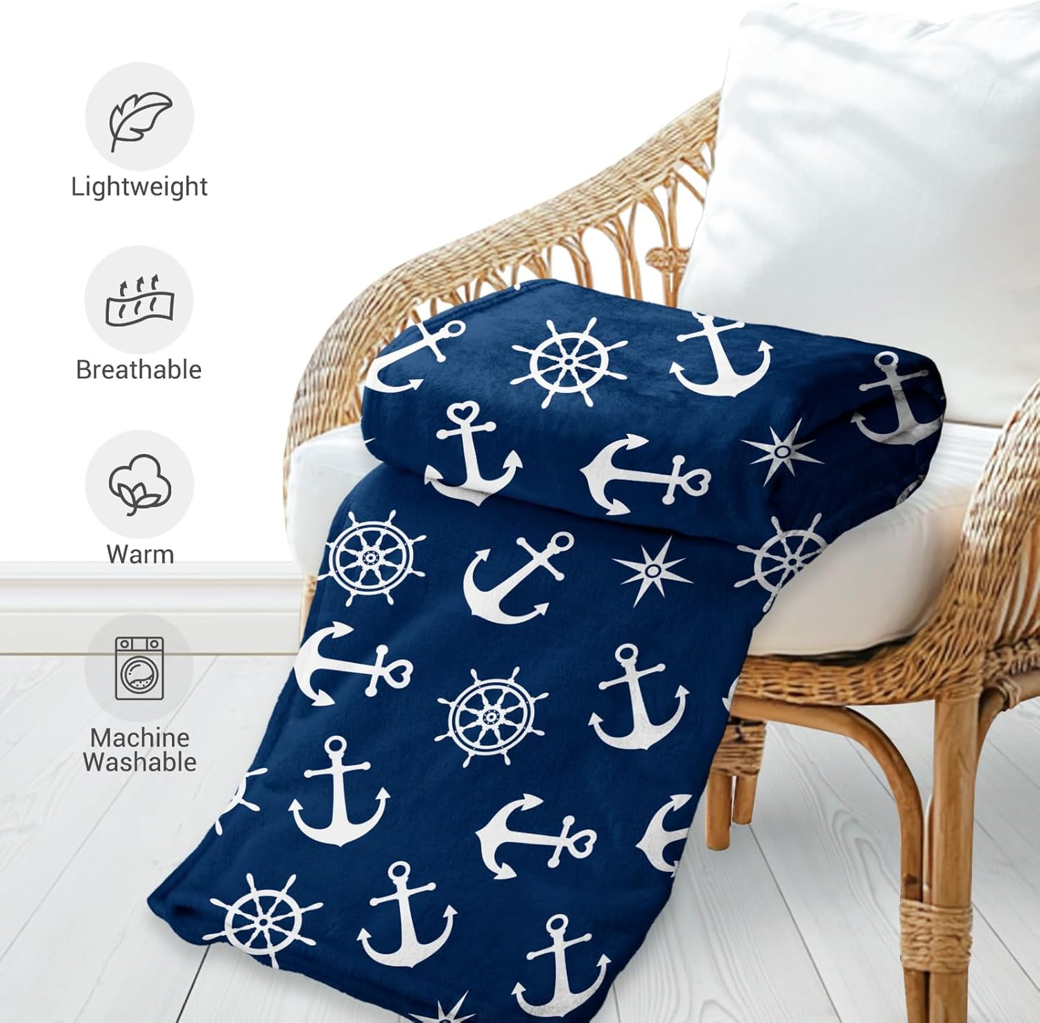Nautical Anchor Blanket Gifts for Men Women Boaters Sailors Birthday Christmas for Dad Husband Son Fathers Day Presents Sea Ocean Boat Steering Wheel Theme Navy Throw Blankets Dark Blue