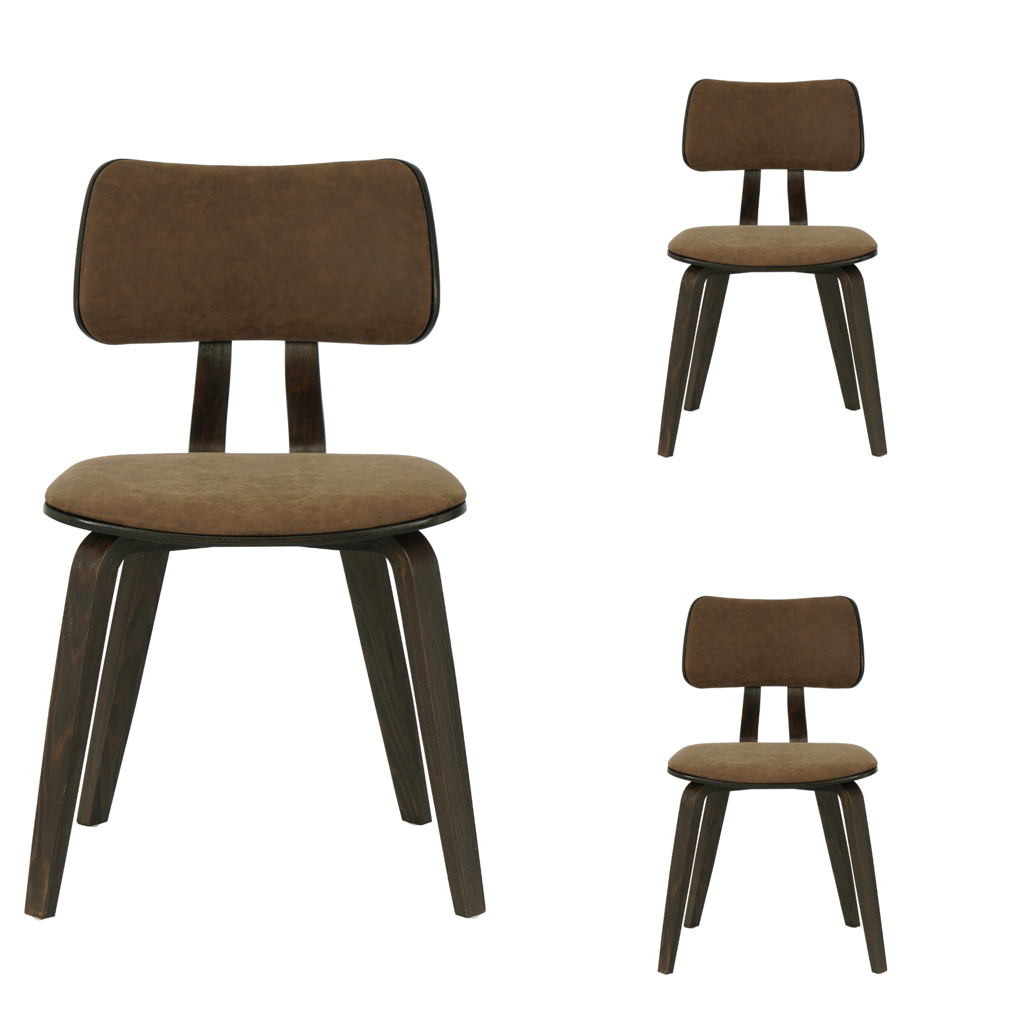 Jaguar Vintage Dark Brown Curved Back Wood Dining Chair with Faux Leather Seat Set of 3