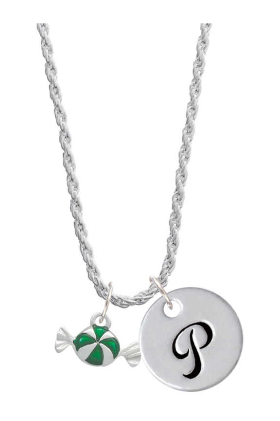Silvertone Green Peppermint Candy Silvertone Script Initial Disc - P - Charm Necklace, 20"+3"