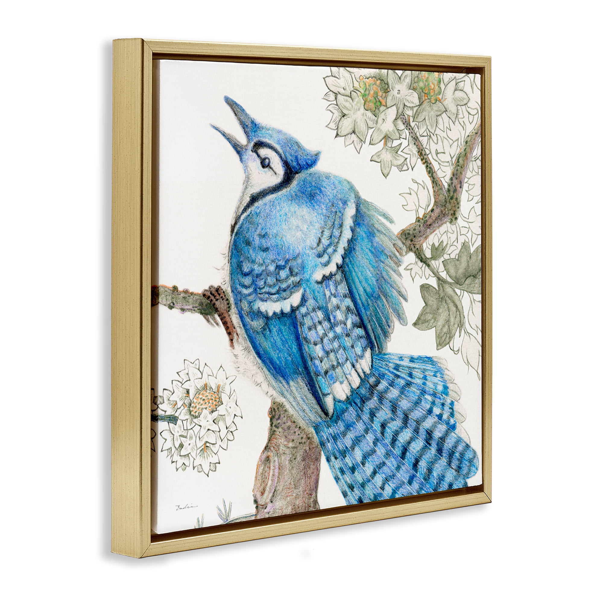 Stupell Industries Rhododendron & Blue Jay Animals Painting Gold Floater Framed Canvas Art Print Wall Art, 25 x 25
