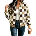 thumbnail image 4 of Zijinkuiwen Women Checkered Print Bomber Jacket Zip Up Long Sleeve Ribbed Trim Outerwear for Casual Daily Wear, 4 of 6