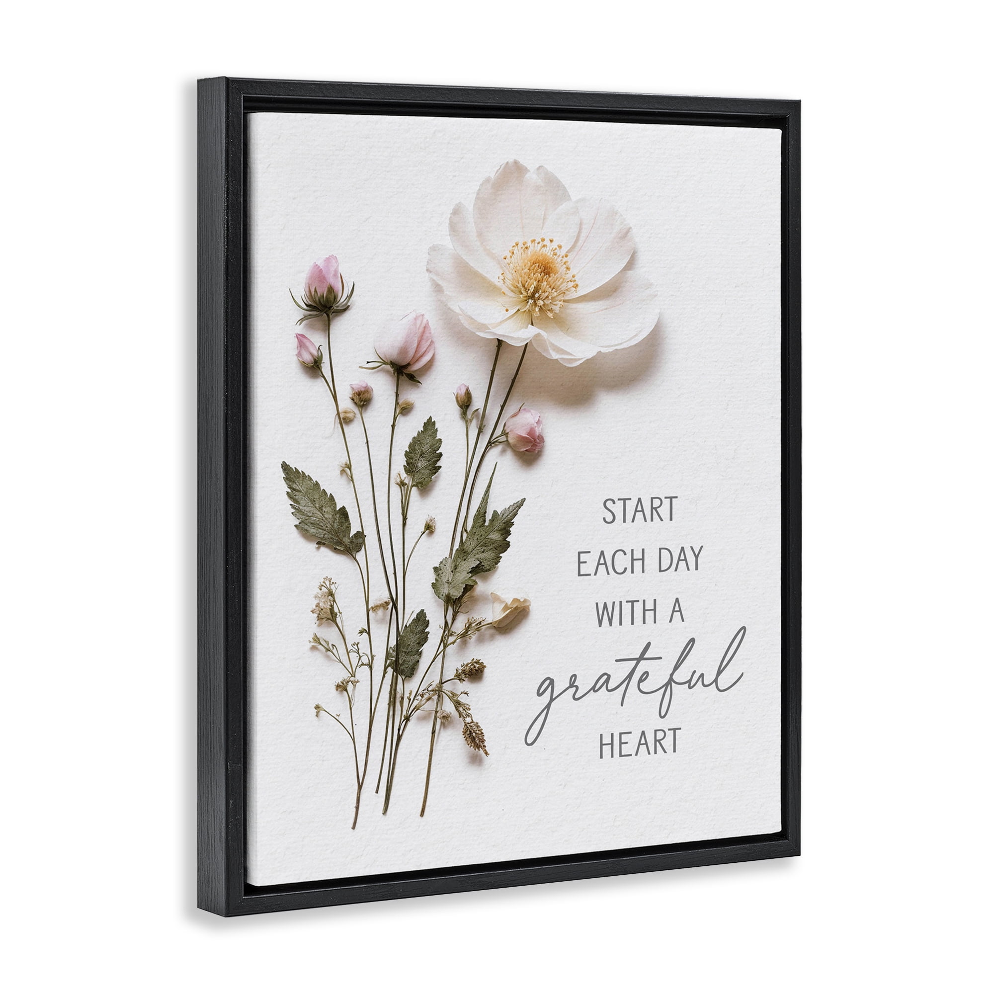Grateful Heart Pressed Flowers Black Framed Floater Canvas Wall Art, design by Lettered and Lined