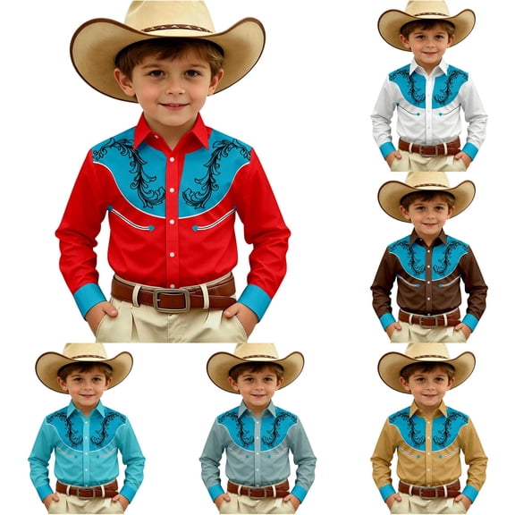 Gunia Western Cowboy Shirts For Boys Long Sleeve Print Shirt Tops Casual Button Up Blouse Youth T Shirts For Boys Red 10-11 Years