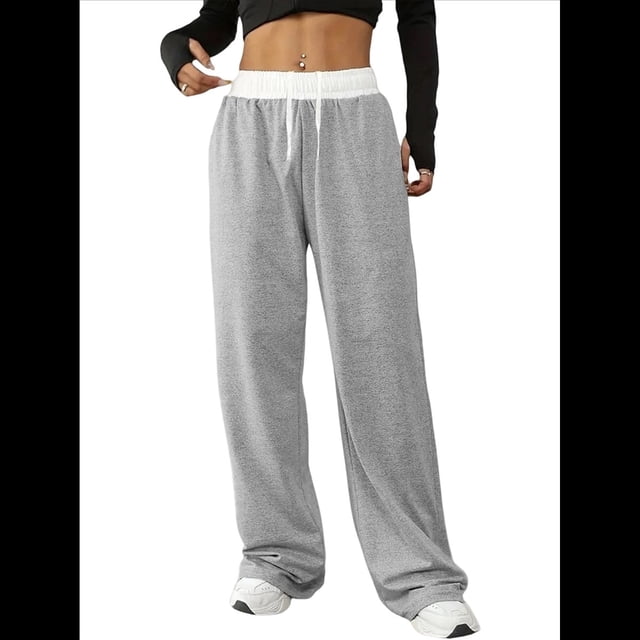 Pantalones Deportivos Anchos con Cintura de Contraste de Color y Hebilla de Cordón para Mujer. Gris M