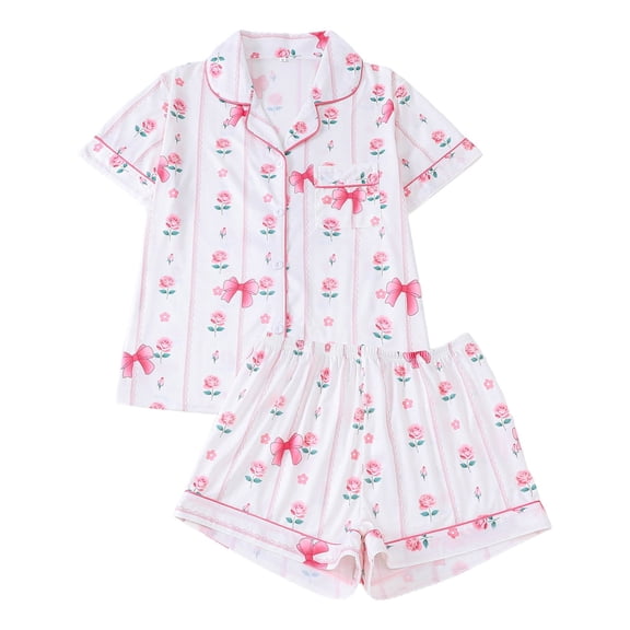 DHFJKG Womens Pajama Sets Short Sleeve Sleepwear With Shorts 2 Piece Loungewear Comfortable Button Down Lapel Shirt Comfy Nightwear
