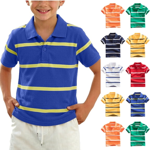 Crunowin Boys Summer T-Shirts Lightweight Striped Design Short Sleeve Collar School Uniform Tees Orange Size 2T