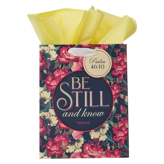 Black/White Floral Gift Bag w/Tissue Paper: Be Still & Know Psalm 46:10, Medium