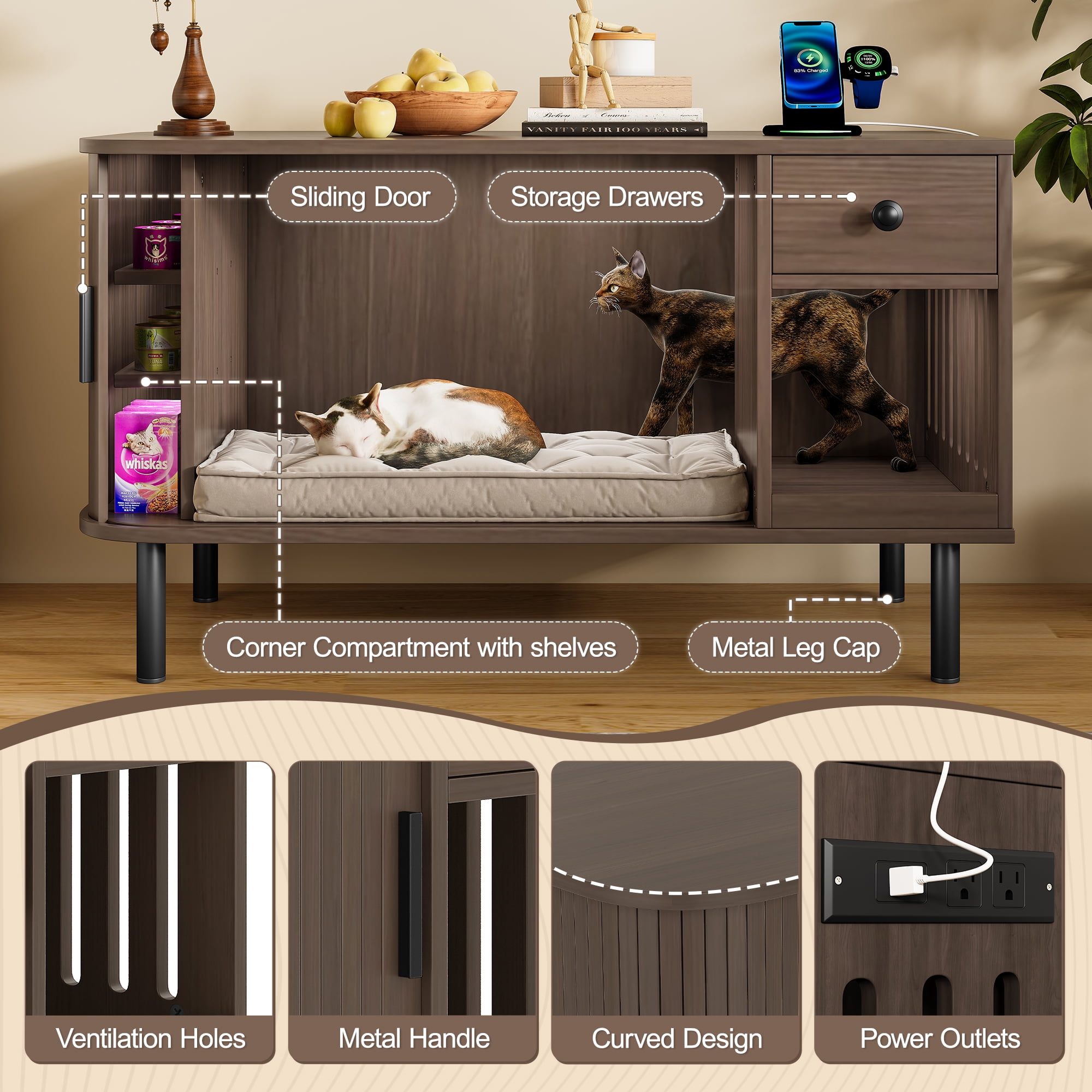 zyoiszvq Cat Litter Box Enclosure Furniture Cabinet with Mat,Wooden Hidden Cat House with Drawer,Indoor Side Table for Living Room
