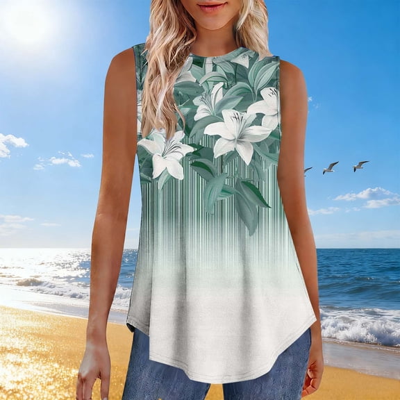 Dolkfu Women Tops Floral Loose Fitting Sleeveless Tank Tops Flowy Tropical Womens T Shirts L