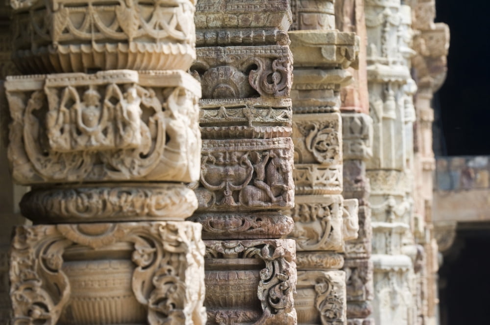 Details of the columns in the Qutab complex which includes the worlds tallest brick minaret - the Minar - as well as a series of Indo-Islamic buildings Construction of the complex was started in 1193